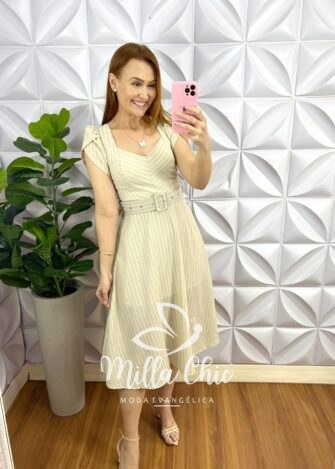 Vestido Linho Mídi Com Cinto Encapado Elisy - Areia Listra Dupla - Milla Chic