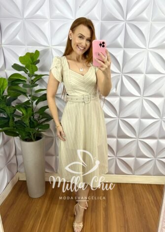 Vestido Linho Mídi Com Cinto Encapado Elisy - Areia Listra Dupla - Milla Chic
