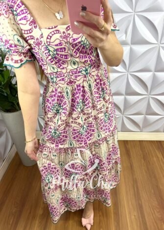 Vestido No Laíse De Algodão Bordado Mídi Liane - Roxo - Milla Chic