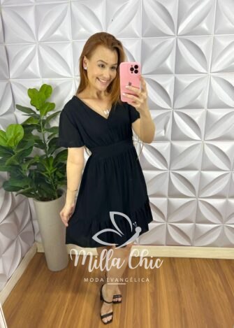 Vestido No Viscose Curto Manga Com Babadinho Fabia - Preto - Milla Chic