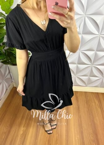 Vestido No Viscose Curto Manga Com Babadinho Fabia - Preto - Milla Chic