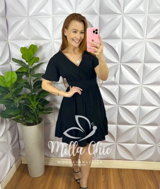 Vestido No Viscose Curto Manga Com Babadinho Fabia - Preto - Milla Chic