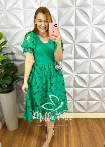 Vestido Richelieu Bordado Mídi Caimento Godê Ana Paula - Jade - Milla Chic