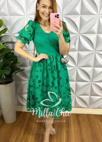 Vestido Richelieu Bordado Mídi Caimento Godê Ana Paula - Jade - Milla Chic
