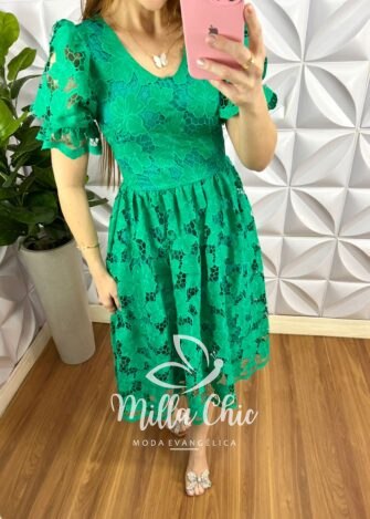 Vestido Richelieu Bordado Mídi Caimento Godê Ana Paula - Jade - Milla Chic