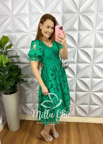 Vestido Richelieu Bordado Mídi Caimento Godê Ana Paula - Jade - Milla Chic