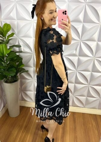 Vestido Richelieu Bordado Mídi Caimento Godê Ana Paula - Preto - Milla Chic