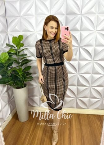 Vestido Tricot Modal Estampa Quadriculada Mídi Sueli - Preto Com Marrom - Milla Chic