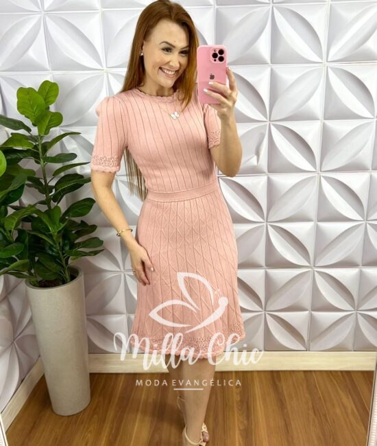 Vestido Tricot Modal Todo Trabalhado Barra Levemente Evase Mila - Rosa Ballet - Milla Chic