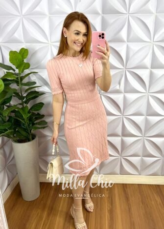 Vestido Tricot Modal Todo Trabalhado Barra Levemente Evase Mila - Rosa Ballet - Milla Chic