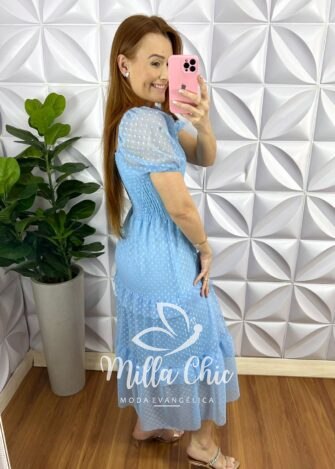 Vestido Tule Bolinha Decote Quadrado Manga Princesa Babadinhos Nas Marias Milene - Baby Blue - Milla Chic