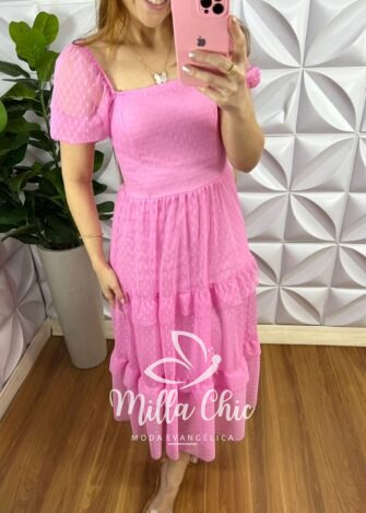 Vestido Tule Bolinha Decote Quadrado Manga Princesa Babadinhos Nas Marias Milene - Rosa Balett - Milla Chic