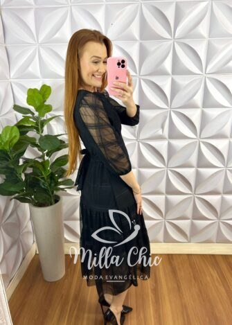 Vestido Tule Rendado Decote V Pala Na Cintura Três Marias Manga 7/8 Rafaela - Preto - Milla Chic