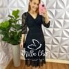 Vestido Tule Rendado Decote V Pala Na Cintura Três Marias Manga 7/8 Rafaela - Preto - Milla Chic