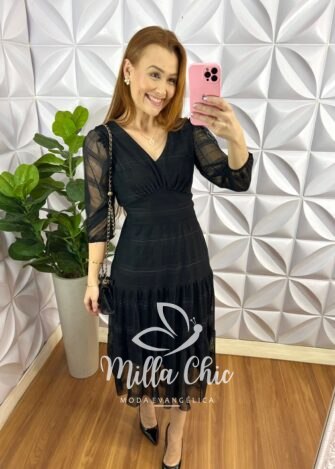 Vestido Tule Rendado Decote V Pala Na Cintura Três Marias Manga 7/8 Rafaela - Preto - Milla Chic