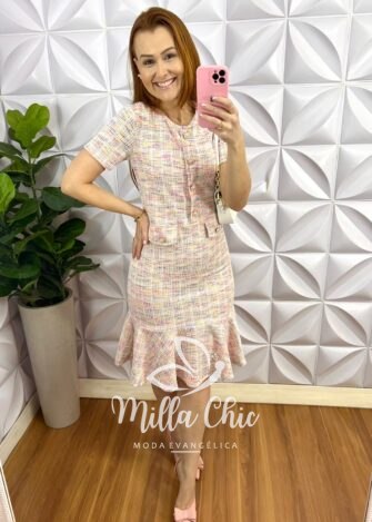 Vestido Tweed Com Lurex Botões De Perola Camila - Rosa - Milla Chic