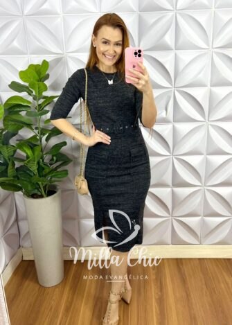Milla Chic - millachic com br vestido tweed tubinho com casaco nanda preto copia 4 Vestido Canelado Melangue Tubinho Com Cinto Encapado Luísa - Preto - Milla Chic