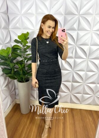 Milla Chic - millachic com br vestido tweed tubinho com casaco nanda preto copia 5 Vestido Canelado Melangue Tubinho Com Cinto Encapado Luísa - Preto - Milla Chic