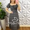 Vestido Viscolinho Estampado Mídi Com Bojo Cassia - Azul Marinho - Milla Chic