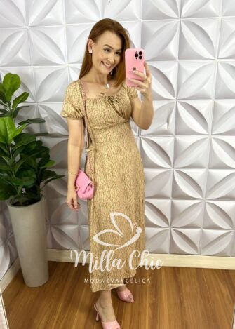 Vestido Viscolinho Estampado Mídi Com Bojo Cassia - Areia - Milla Chic