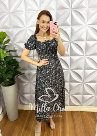 Vestido Viscolinho Estampado Mídi Com Bojo Cassia - Azul Marinho - Milla Chic