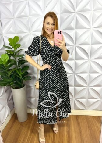 Vestido Viscolinho Longo Manga 7/8 Estampado Floriana - Preto - Milla Chic