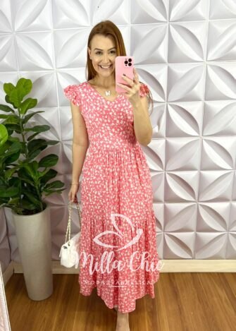 Vestido Viscolinho Longo Manga Babadinho Lastex Nas Costas Manu - Pêssego - Milla Chic