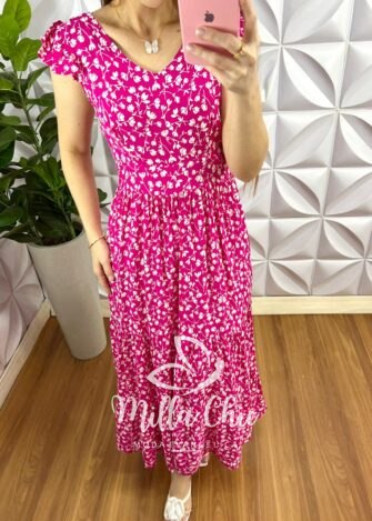 Vestido Viscolinho Longo Manga Babadinho Lastex Nas Costas Manu - Pink - Milla Chic