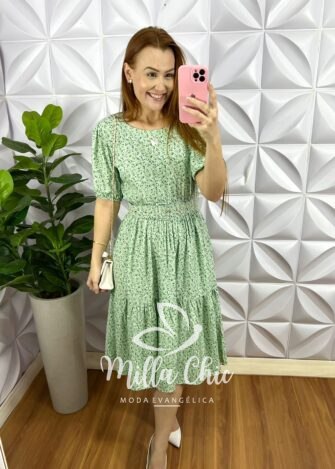 Vestido Viscolinho Mídi Com Cinto Encapado Hope - Verde - Milla Chic