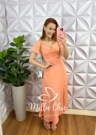 Vestido Viscolinho Mídi Com Gola Lastex Nas Costas Elisa - Pêssego - Milla Chic