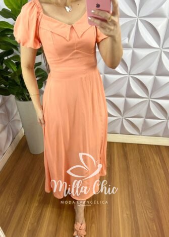 Vestido Viscolinho Mídi Com Gola Lastex Nas Costas Elisa - Pêssego - Milla Chic