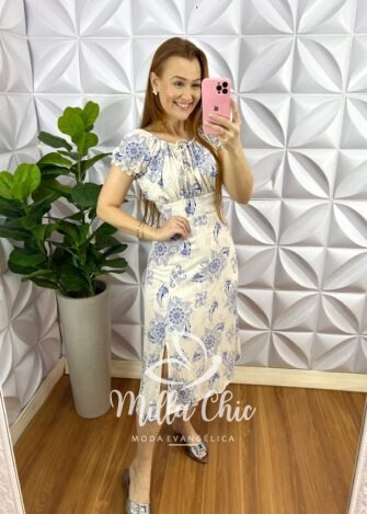 Vestido Viscolinho Mídi Com Lastex Estampado Denise - Azul - Milla Chic