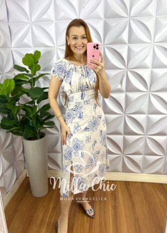 Vestido Viscolinho Mídi Com Lastex Estampado Denise - Azul - Milla Chic