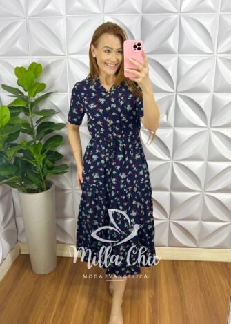 Vestido Viscolinho Mídi Com Regulagem E Botões Caroline - Azul - Milla Chic