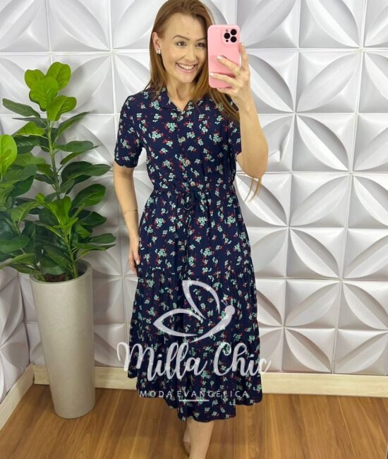 Vestido Viscolinho Mídi Com Regulagem E Botões Caroline - Azul - Milla Chic