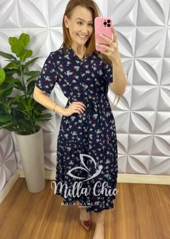 Vestido Viscolinho Mídi Com Regulagem E Botões Caroline - Azul - Milla Chic