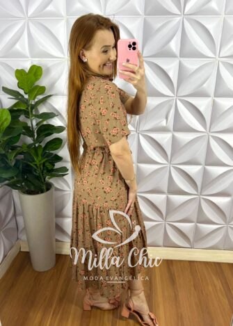 Vestido Viscolinho Mídi Com Regulagem E Botões Caroline - Azul - Milla Chic