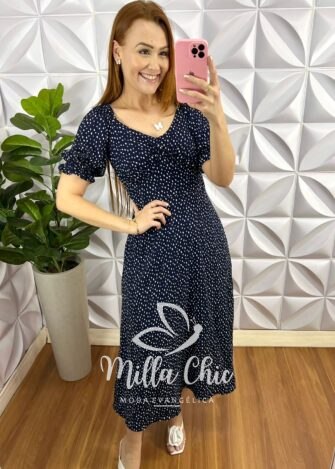 Vestido Viscolinho Mídi Drapeados Abaixo do Busto Estampado Rita - Azul - Milla Chic