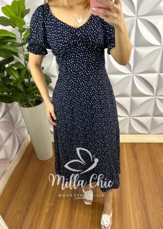 Vestido Viscolinho Mídi Drapeados Abaixo do Busto Estampado Rita - Azul - Milla Chic