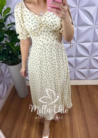 Milla Chic - millachic com br vestido viscolinho midi drapeados abaixo do busto estampado rita creme 1 Vestido Viscolinho Mídi Drapeados Abaixo do Busto Estampado Rita - Creme - Milla Chic