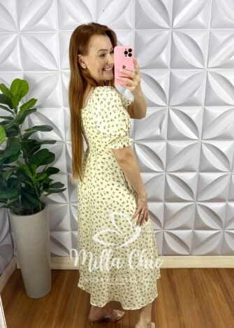 Milla Chic - millachic com br vestido viscolinho midi drapeados abaixo do busto estampado rita creme 2 Vestido Viscolinho Mídi Drapeados Abaixo do Busto Estampado Rita - Creme - Milla Chic