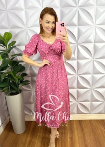 Vestido Viscolinho Mídi Drapeados Abaixo do Busto Estampado Rita - Rosa - Milla Chic