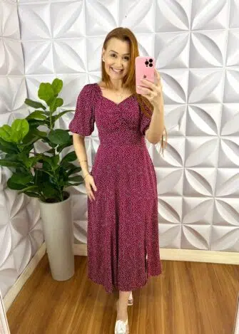 Vestido Viscolinho Mídi Estampado Margarida - Cherry - Milla Chic