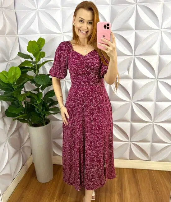 Vestido Viscolinho Mídi Estampado Margarida - Cherry - Milla Chic