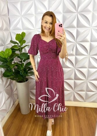 Vestido Viscolinho Mídi Estampado Margarida - Cherry - Milla Chic