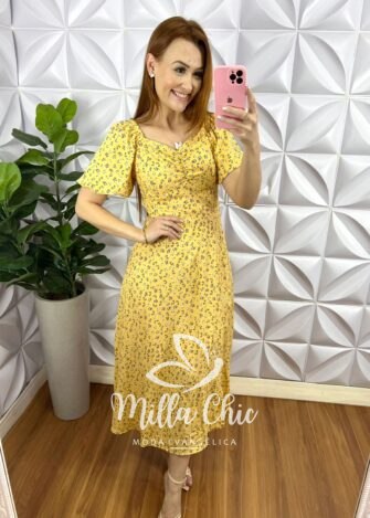 Vestido Viscolinho Mídi Estampado Sheila - Amarelo - Milla Chic