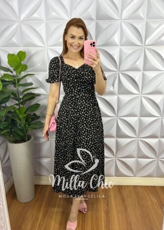 Vestido Viscolinho Mídi Estampado Sheila - Amarelo - Milla Chic