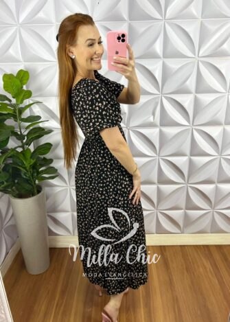 Vestido Viscolinho Mídi Estampado Sheila - Amarelo - Milla Chic