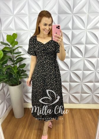 Vestido Viscolinho Mídi Estampado Sheila - Amarelo - Milla Chic