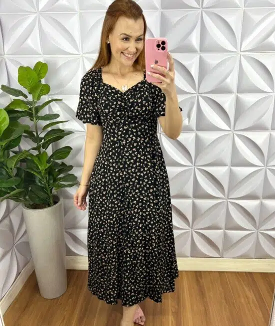 Vestido Viscolinho Mídi Estampado Sheila - Amarelo - Milla Chic